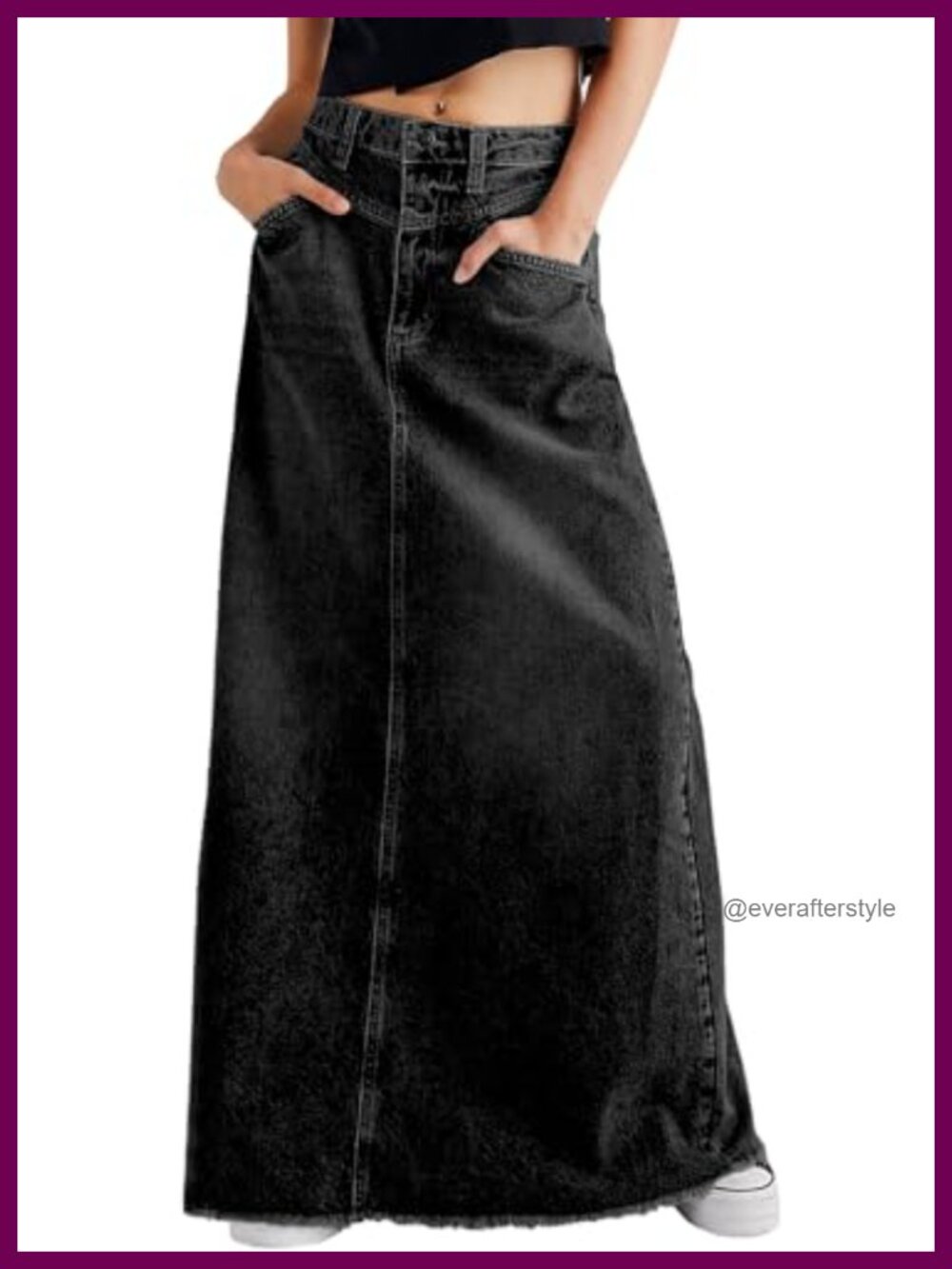 Vintage Denim Maxi Skirt Frayed Raw Hem High Waist A-Line Long Jean Skirt